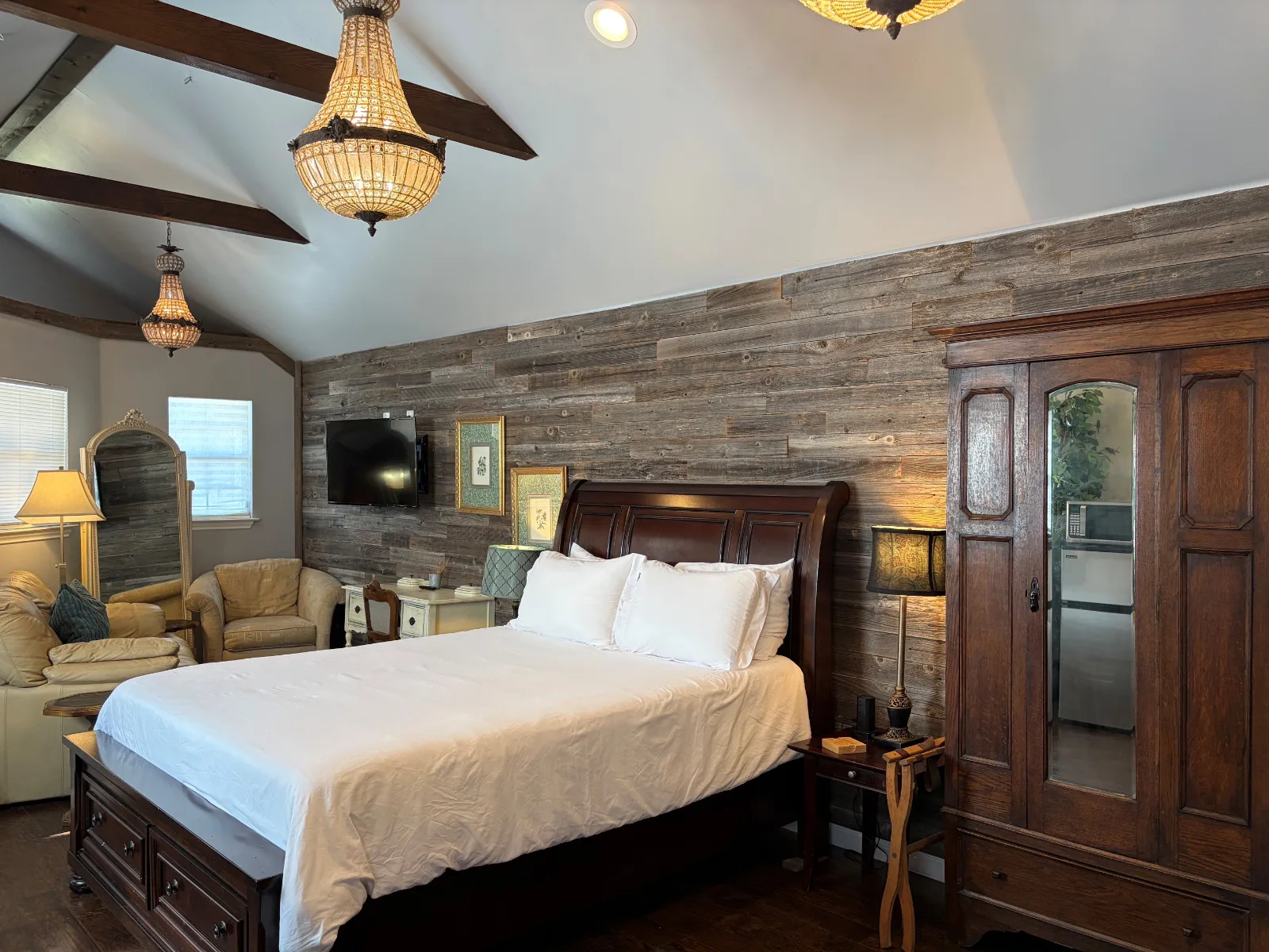 Inside Cabin 2, under the exposed beams