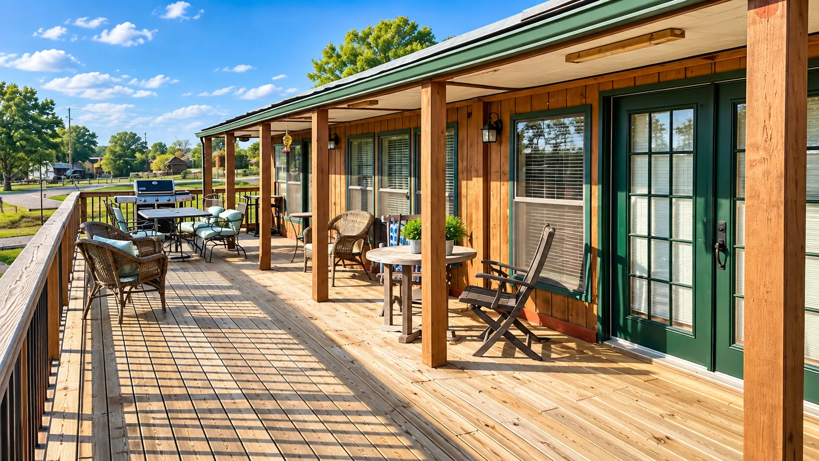 The full-length covered deck at Cabin 3, looking out over Lake Lewisville