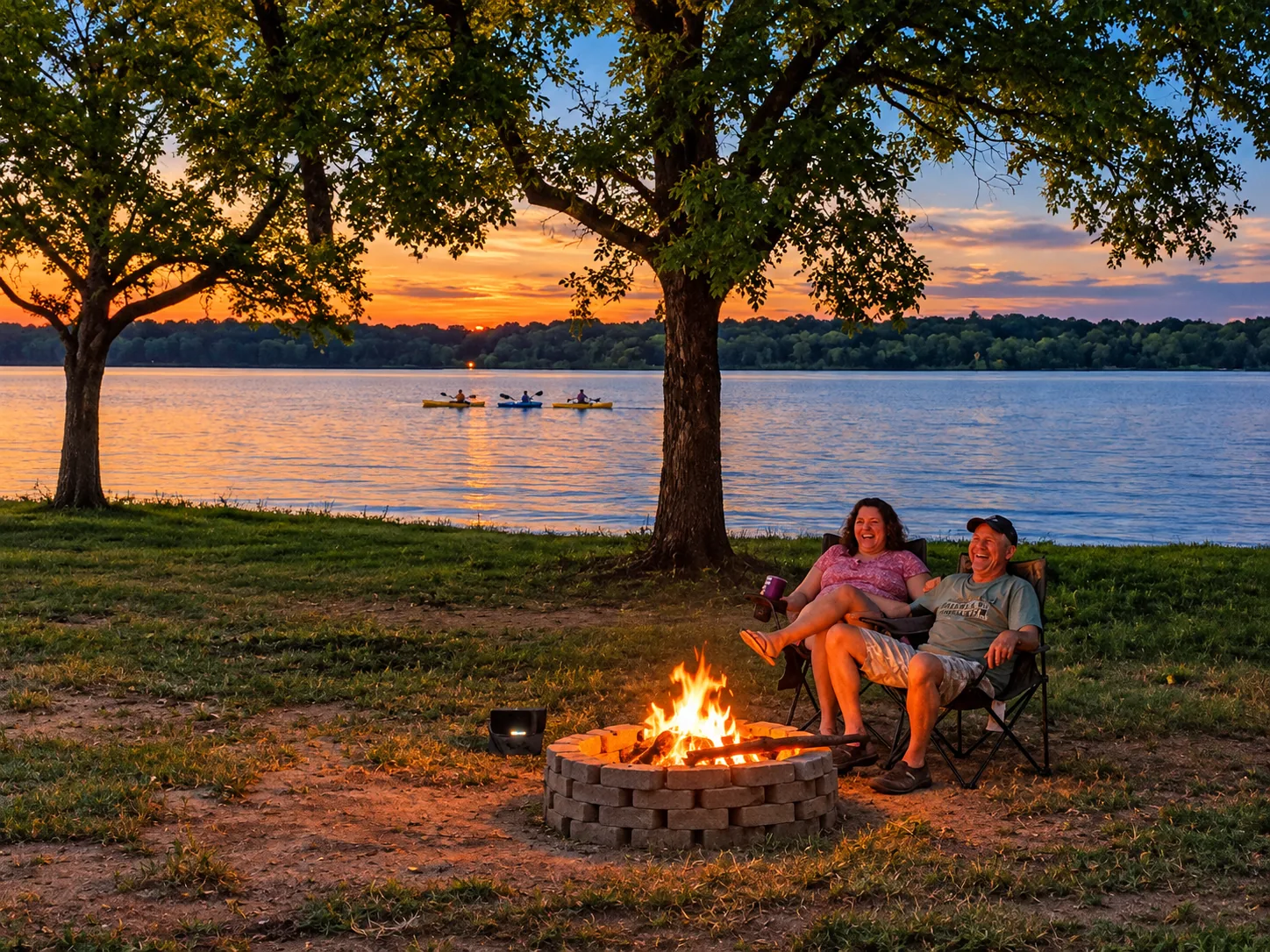 Guests by the lit fire pit at sunset on the shoreline at Waterfront Hideaway Ranch, with kayakers on Lake Lewisville