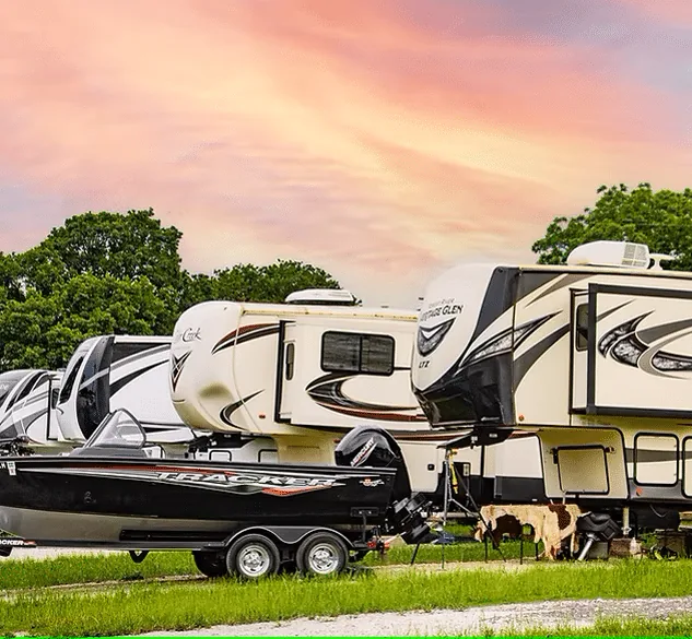 Rigs and a boat trailer parked on the grass at the ranch